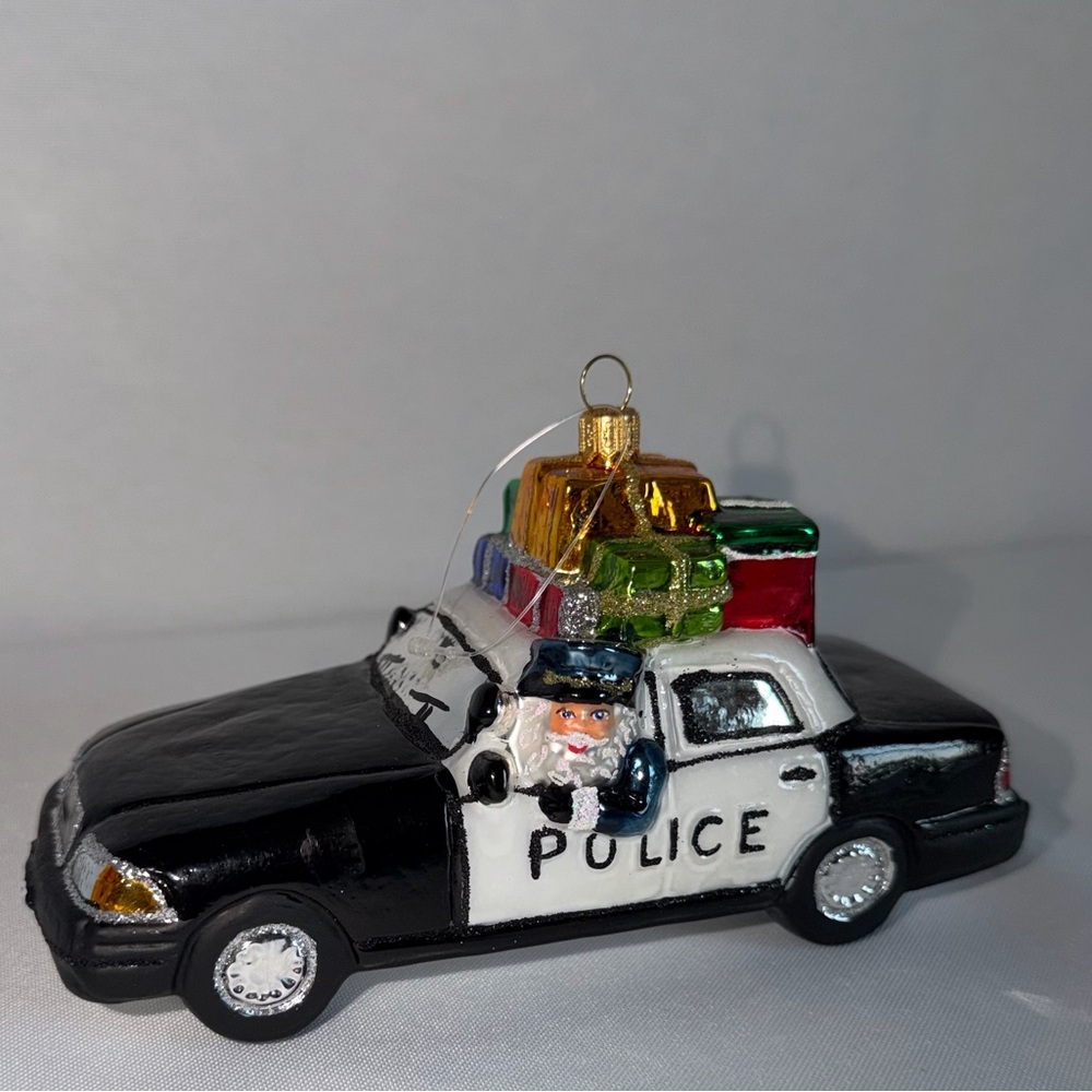 Santa Police Man Car/ Sled Christmas Glass Ornament